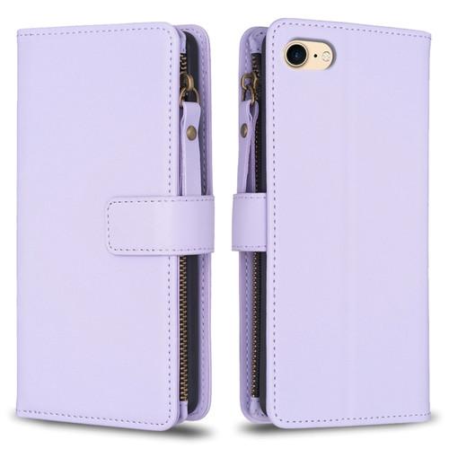iPhone SE 2022 / SE 2020 / 8 / 7 9 Card Slots Zipper Wallet Leather Flip Phone Case - Light Purple