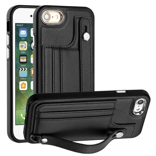 iPhone SE 2022/SE 2020/6/7/8 Shockproof Leather Phone Case with Wrist Strap - Black