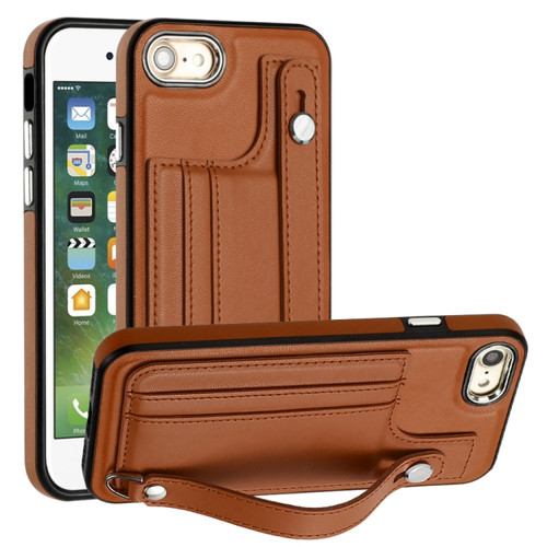 iPhone SE 2022/SE 2020/6/7/8 Shockproof Leather Phone Case with Wrist Strap - Brown