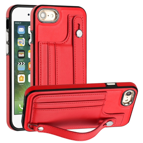 iPhone SE 2022/SE 2020/6/7/8 Shockproof Leather Phone Case with Wrist Strap - Red