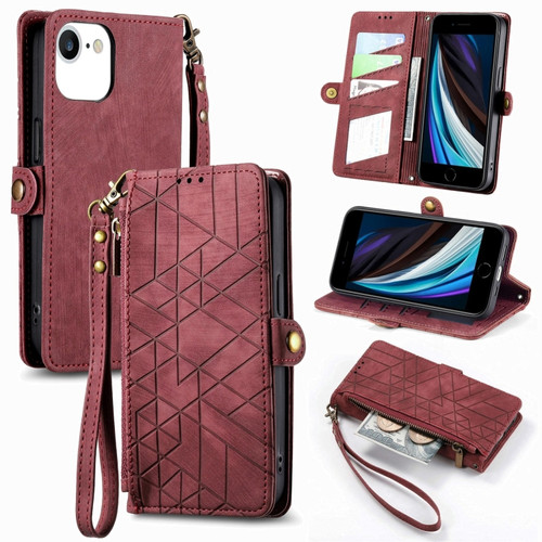 iPhone SE 2022 /2020 /7 / 8 Geometric Zipper Wallet Side Buckle Leather Phone Case - Red