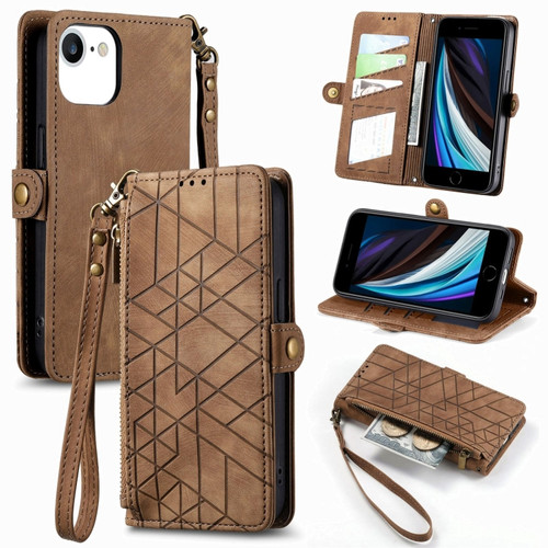 iPhone SE 2022 /2020 /7 / 8 Geometric Zipper Wallet Side Buckle Leather Phone Case - Brown