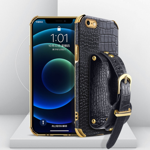 iPhone SE 2022 / SE 2020 / 8 / 7 Electroplated TPU Crocodile Pattern Leather Case with Wrist Strap - Black