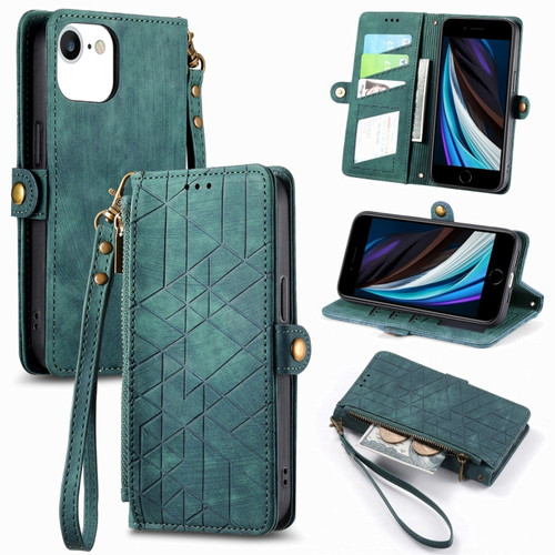 iPhone SE 2022 /2020 /7 / 8 Geometric Zipper Wallet Side Buckle Leather Phone Case - Green