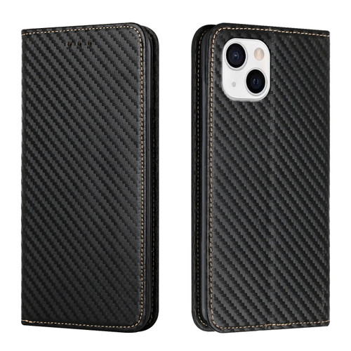 iPhone 13 mini Carbon Fiber Texture Flip Holder Leather Phone Case - Black