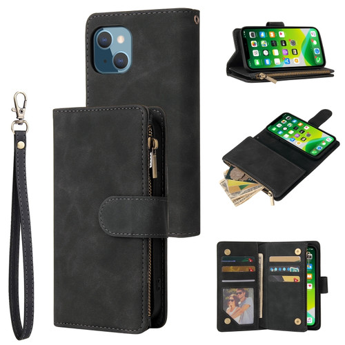 iPhone 13 mini Multifunctional Phone Leather Case with Card Slot & Holder & Zipper Wallet & Photo Frame - Black