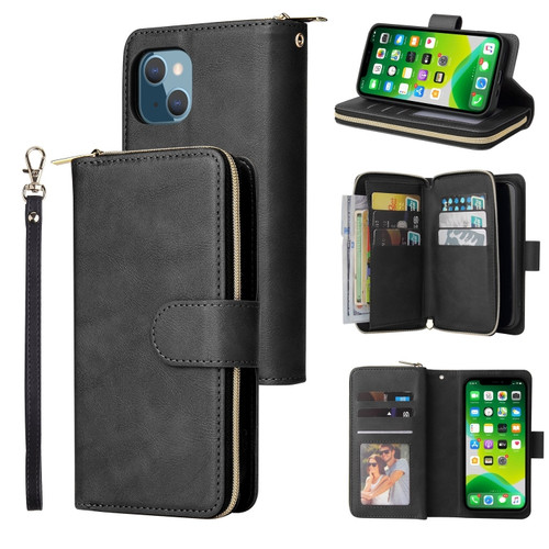 iPhone 13 mini 9 Card Slots Zipper Wallet Bag Leather Phone Case - Black