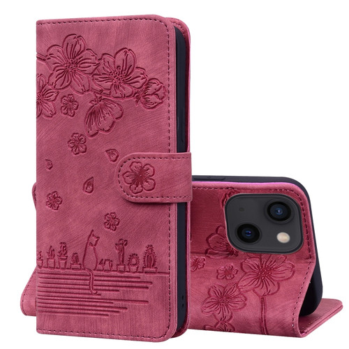 iPhone 13 mini Cartoon Sakura Cat Embossed Leather Case - Wine Red