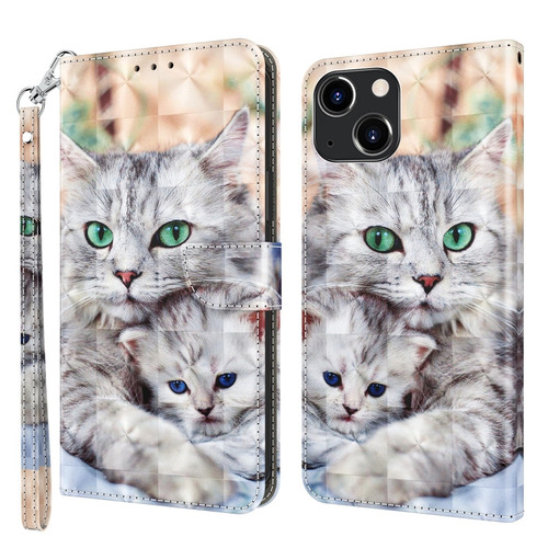 iPhone 13 mini 3D Painted Leather Phone Case - Two Loving Cats