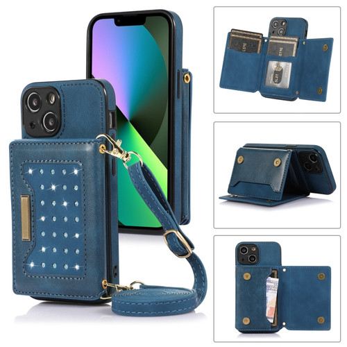 iPhone 13 Mini Three-fold RFID Leather Phone Case with Lanyard - Blue