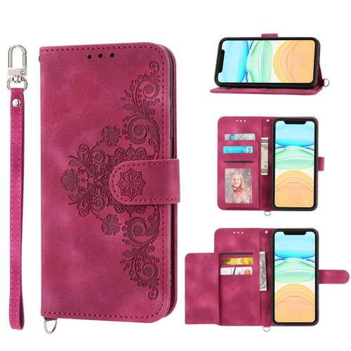 iPhone 13 mini Skin-feel Flowers Embossed Wallet Leather Phone Case - Wine Red