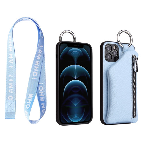 iPhone 13 mini Detachable Zippered Coin Purse Phone Case with Lanyard - Blue