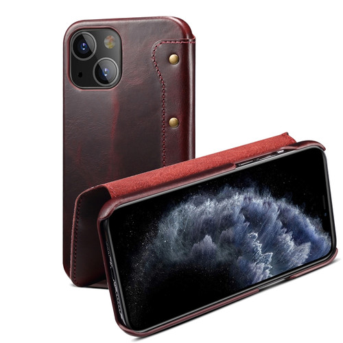 iPhone 13 mini Denior Oil Wax Top Layer Cowhide Simple Flip Leather Case - Dark Red