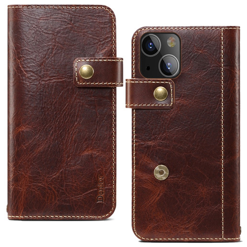 iPhone 13 mini Denior Oil Wax Cowhide DK Magnetic Button Leather Phone Case - Brown