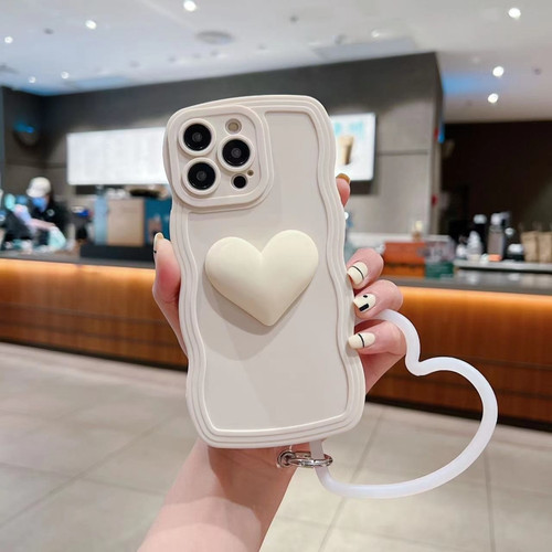 iPhone 13 mini 3D Heart Skin-Feel Silicone Phone Case with Wristband - White