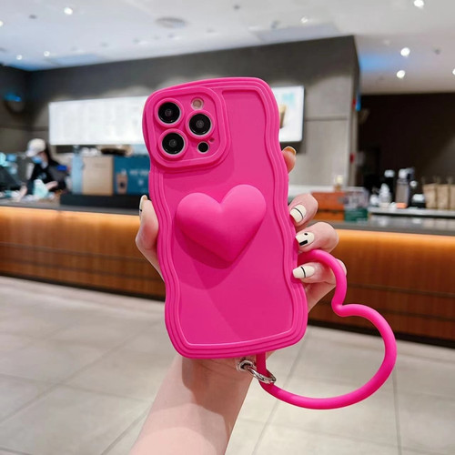 iPhone 13 mini 3D Heart Skin-Feel Silicone Phone Case with Wristband - Rose Red