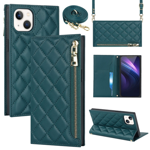 iPhone 13 mini Grid Texture Lanyard Zipper Leather Phone Case - Green