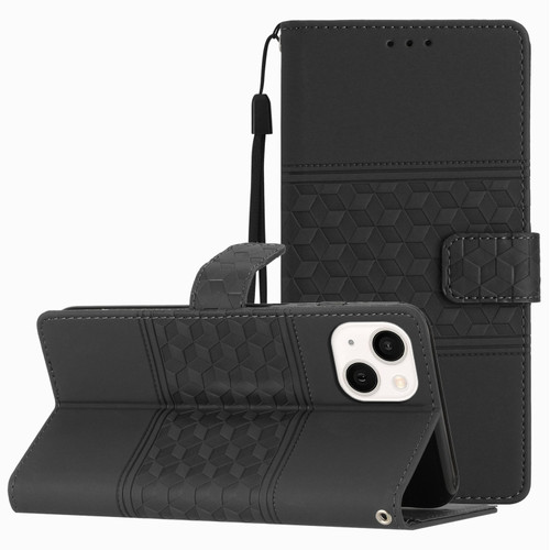 iPhone 13 mini Diamond Embossed Skin Feel Leather Phone Case with Lanyard - Black