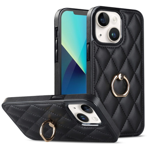 iPhone 13 mini Rhombic PU Leather Phone Case with Ring Holder - Black