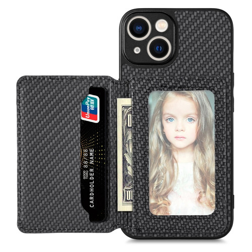 iPhone 13 mini Carbon Fiber Magnetic Card Bag Phone Case - Black