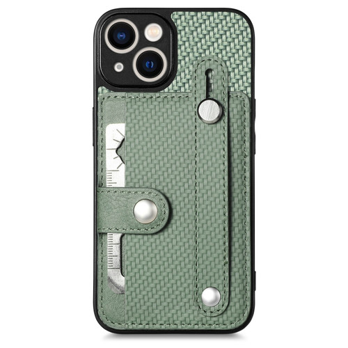 iPhone 13 mini Wristband Kickstand Card Wallet Back Cover Phone Case with Tool Knife - Green