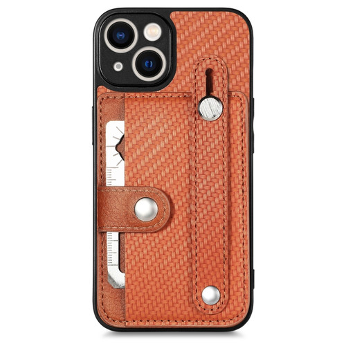 iPhone 13 mini Wristband Kickstand Card Wallet Back Cover Phone Case with Tool Knife - Brown