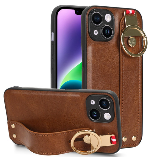 iPhone 13 mini Wristband Leather Back Phone Case - Brown