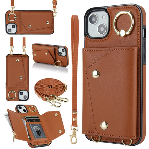 iPhone 13 mini Zipper Card Bag Phone Case with Dual Lanyard - Brown