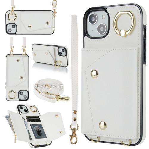 iPhone 13 mini Zipper Card Bag Phone Case with Dual Lanyard - White