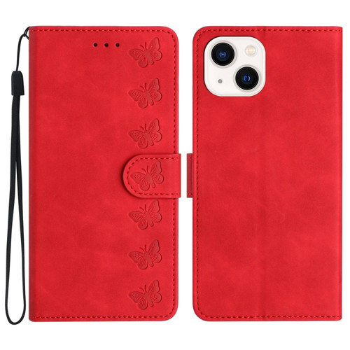 iPhone 13 mini Seven Butterflies Embossed Leather Phone Case - Red