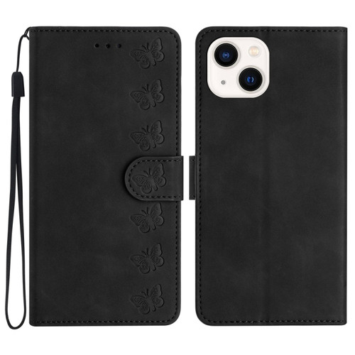 iPhone 13 mini Seven Butterflies Embossed Leather Phone Case - Black