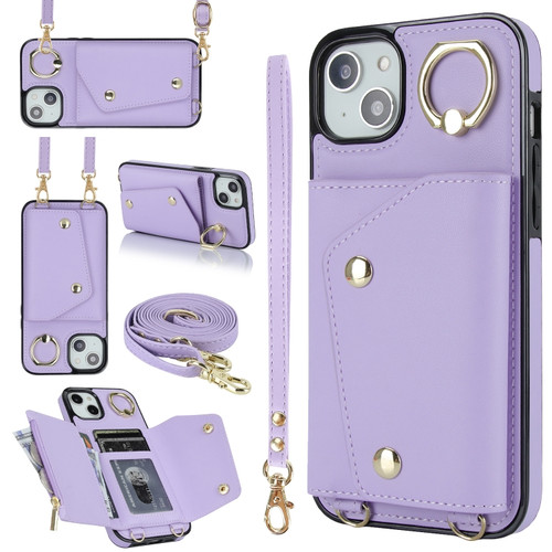 iPhone 13 mini Zipper Card Bag Phone Case with Dual Lanyard - Purple