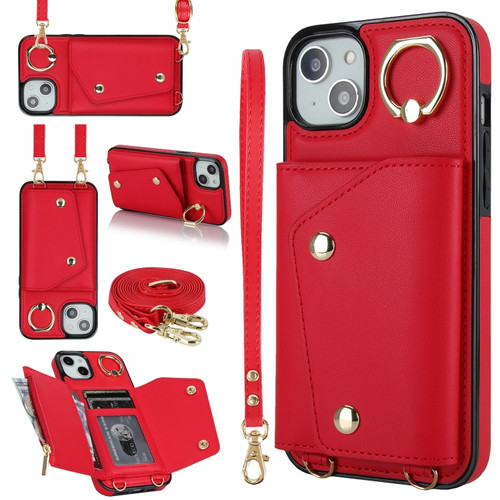 iPhone 13 mini Zipper Card Bag Phone Case with Dual Lanyard - Red