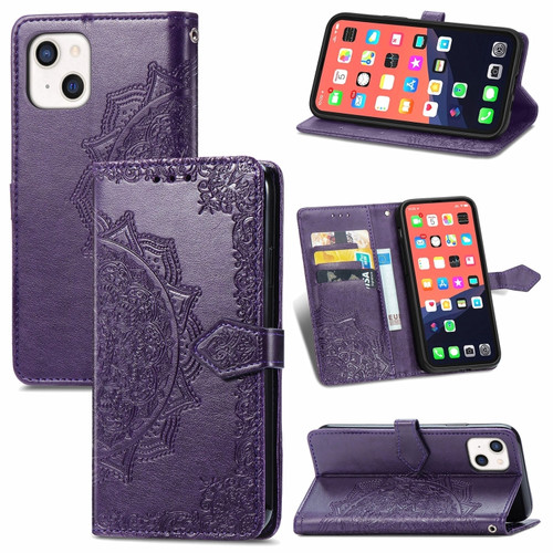 iPhone 13 mini Mandala Flower Embossed Horizontal Flip Leather Case with Holder & Three Card Slots & Wallet & Lanyard  - Purple