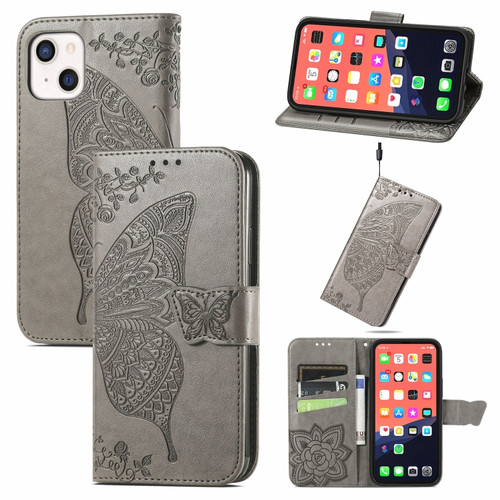 iPhone 13 mini Butterfly Love Flower Embossed Horizontal Flip Leather Case with Bracket / Card Slot / Wallet / Lanyard - Grey