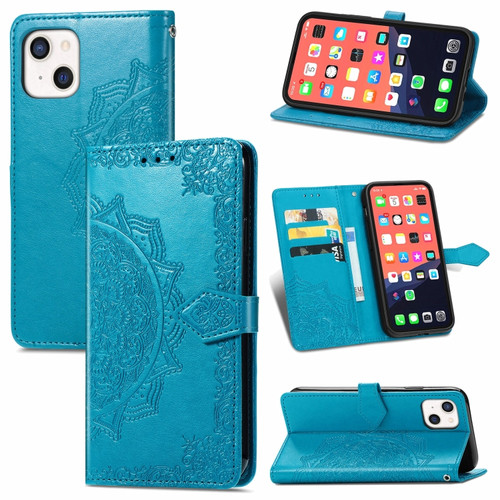 iPhone 13 mini Mandala Flower Embossed Horizontal Flip Leather Case with Holder & Three Card Slots & Wallet & Lanyard  - Blue