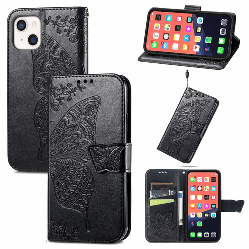 iPhone 13 mini Butterfly Love Flower Embossed Horizontal Flip Leather Case with Bracket / Card Slot / Wallet / Lanyard - Black