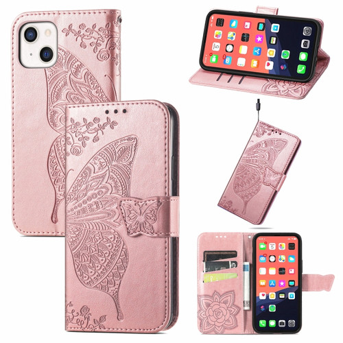 iPhone 13 mini Butterfly Love Flower Embossed Horizontal Flip Leather Case with Bracket / Card Slot / Wallet / Lanyard - Rose Gold