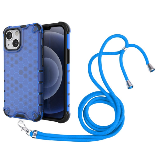 iPhone 13 mini Shockproof Honeycomb PC + TPU Case with Neck Lanyard - Blue