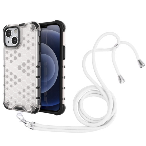 iPhone 13 mini Shockproof Honeycomb PC + TPU Case with Neck Lanyard - White