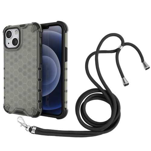 iPhone 13 mini Shockproof Honeycomb PC + TPU Case with Neck Lanyard - Black