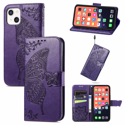 iPhone 13 mini Butterfly Love Flower Embossed Horizontal Flip Leather Case with Bracket / Card Slot / Wallet / Lanyard - Dark Purple