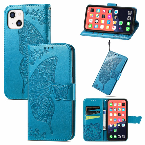 iPhone 13 mini Butterfly Love Flower Embossed Horizontal Flip Leather Case with Bracket / Card Slot / Wallet / Lanyard - Blue