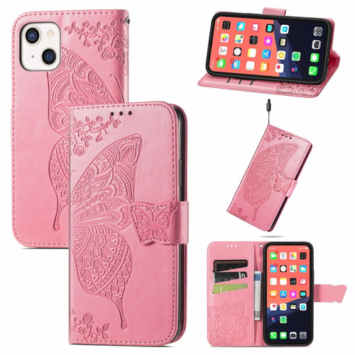 iPhone 13 mini Butterfly Love Flower Embossed Horizontal Flip Leather Case with Bracket / Card Slot / Wallet / Lanyard - Pink