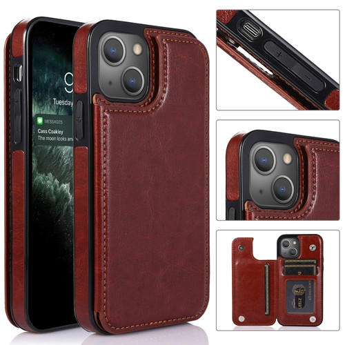 iPhone 13 mini Double Buckle Shockproof PU Protective Case with Card Slots & Holder iPhone 13 Mini - Brown