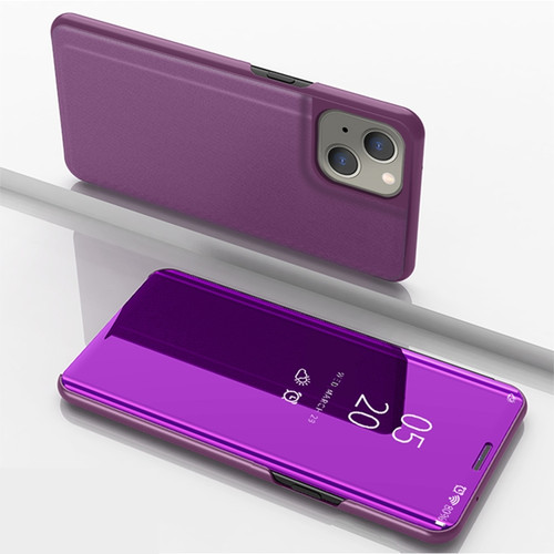 iPhone 13 mini Plated Mirror Horizontal Flip Leather Case with Holder - Purple