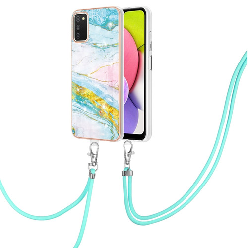 Samsung Galaxy A03s 166mm Electroplating Marble Pattern IMD TPU Shockproof Case with Neck Lanyard - Green 004