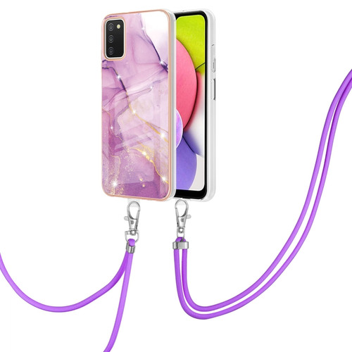Samsung Galaxy A03s 166mm Electroplating Marble Pattern IMD TPU Shockproof Case with Neck Lanyard - Purple 001