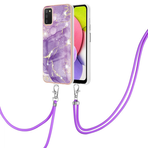 Samsung Galaxy A03s 166mm Electroplating Marble Pattern IMD TPU Shockproof Case with Neck Lanyard - Purple 002