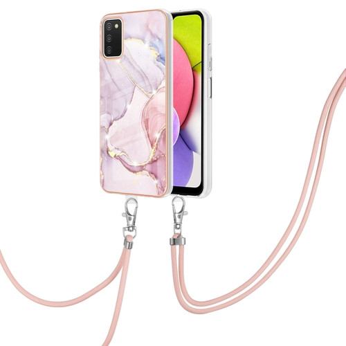 Samsung Galaxy A03s 166mm Electroplating Marble Pattern IMD TPU Shockproof Case with Neck Lanyard - Rose Gold 005